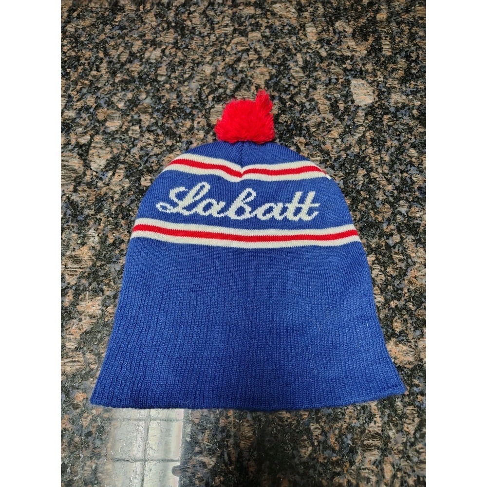 Labatt Beanie Red Pom Pom Winter Hat Blue Red White One Size Canadian Beer